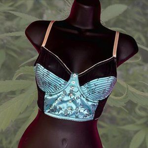 MORBID THREADS 90's Silky Rose Print Bra w/ Cream Lace Detailing + Quilted Cups